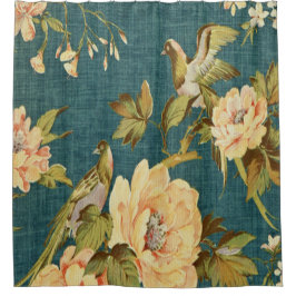 blauwgroen blauw, antiek, , wandpapier, vogels, bl douchegordijn