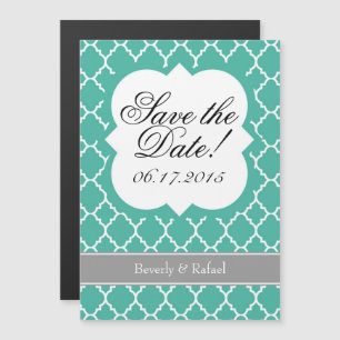 Blauwgroen blauw Aqua Quatrefoil sparen de Magnet  Magnetische Uitnodiging