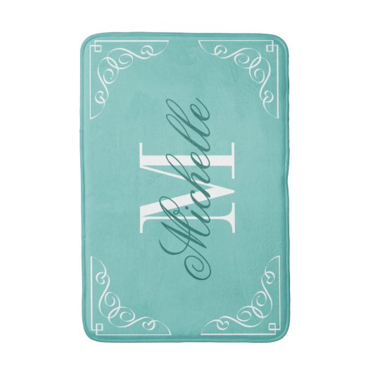 Blauwgroen blauw badmat met elegante naam monogram (Voorkant Verticaal)