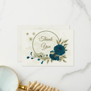 blauwgroen blauw beige bloemen botanische bruiloft bedankkaart