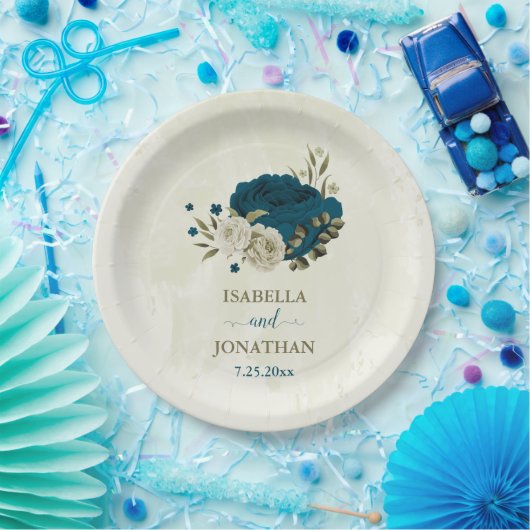 blauwgroen blauw beige bloemen botanische bruiloft papieren bordje (Feest)