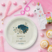 blauwgroen blauw beige bloemen botanische bruiloft papieren bordje (Feest)