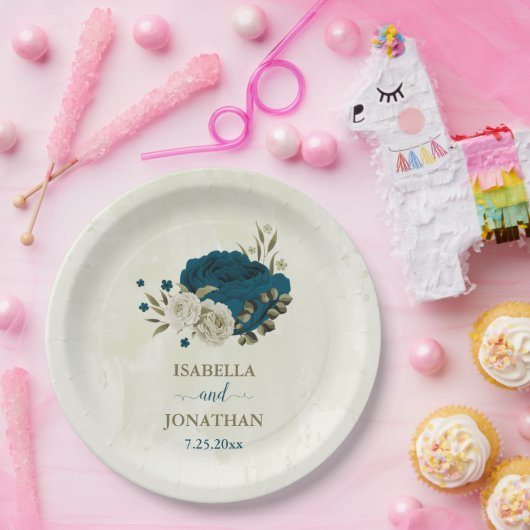 blauwgroen blauw beige bloemen botanische bruiloft papieren bordje (Feest)