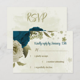 blauwgroen blauw beige bloemen botanische bruiloft RSVP kaartje