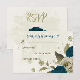 blauwgroen blauw beige bloemen botanische bruiloft RSVP kaartje