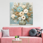 Blauwgroen Blauw Beige Salie Cream Bloemen Canvas Afdruk (Insitu (Woonkamer))