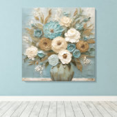 Blauwgroen Blauw Beige Salie Cream Bloemen Canvas Afdruk (Insitu (Houten vloer))