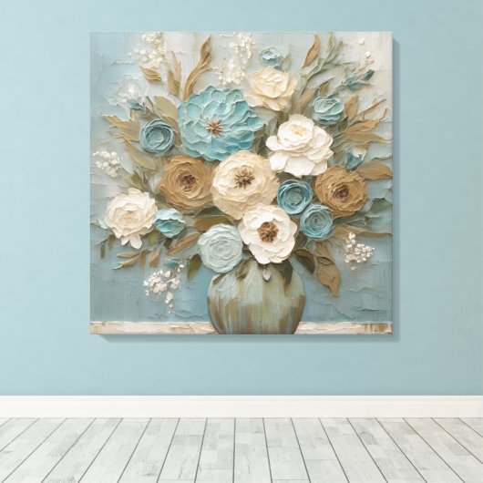 Blauwgroen Blauw Beige Salie Cream Bloemen Canvas Afdruk (Insitu (Houten vloer))