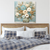 Blauwgroen Blauw Beige Salie Cream Bloemen Canvas Afdruk (Insitu (Slaapkamer))