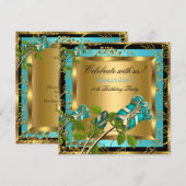 Blauwgroen blauw Birthday Party Gold Floral Black  Kaart (Voorkant / Achterkant)