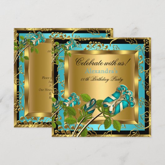 Blauwgroen blauw Birthday Party Gold Floral Black Kaart (Voorkant / Achterkant)