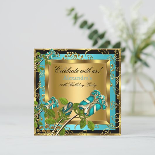 Blauwgroen blauw Birthday Party Gold Floral Black  Kaart (Staand voorkant)