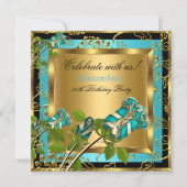 Blauwgroen blauw Birthday Party Gold Floral Black  Kaart (Voorkant)