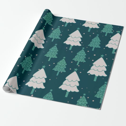 Blauwgroen blauw blauw kerstboompatroon cadeaupapier (Uitgerold)