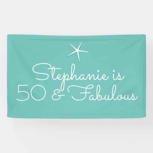 Blauwgroen blauw-blauw-wit 50e verjaardag spandoek (Horizontaal)
