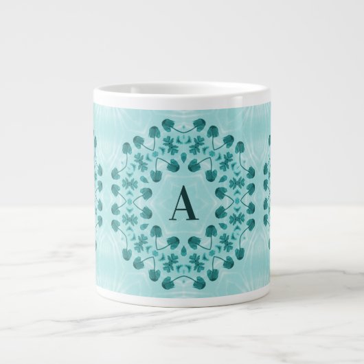Blauwgroen Blauw Bloemen Abstract Monogram Grote Koffiekop (Voorkant)