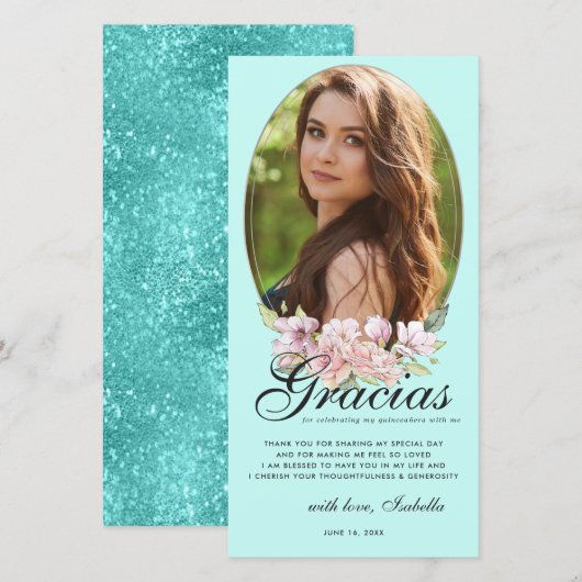 Blauwgroen Blauw Bloemen Quinceañera Foto Dank u k Bedankkaart (Voorkant / Achterkant)