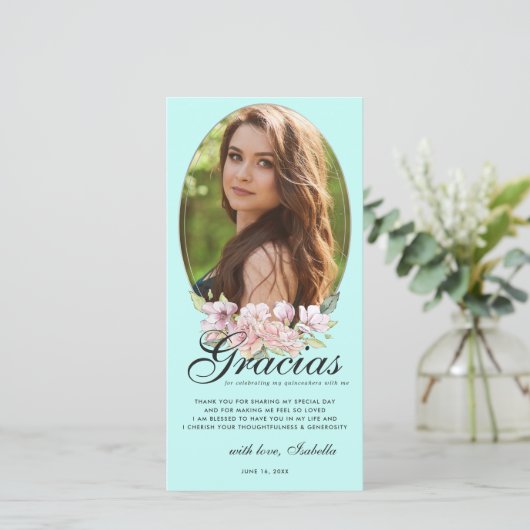 Blauwgroen Blauw Bloemen Quinceañera Foto Dank u k Bedankkaart (Staand voorkant)