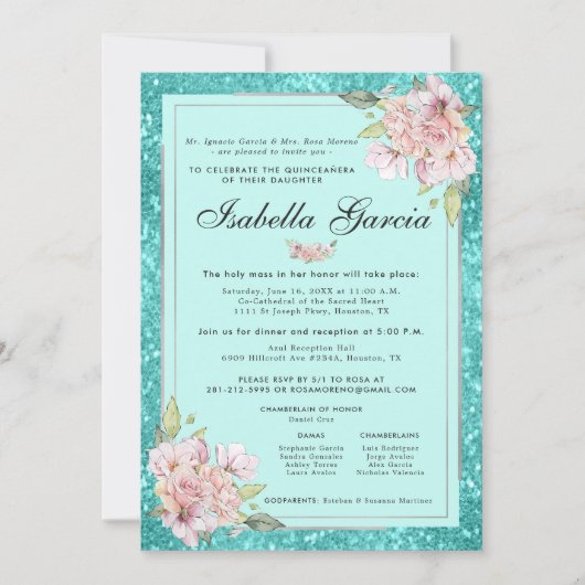 Blauwgroen Blauw Bloemen Quinceañera Verjaardagsui Kaart (Voorkant)