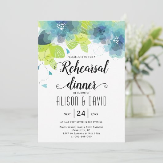 Blauwgroen blauw bloemen, repetitief diner kaart (Staand voorkant)