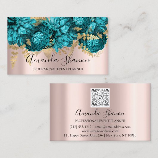 Blauwgroen blauw bloemen Roos Gold Logo Event Plan Visitekaartje (Voorkant / Achterkant)