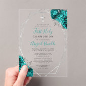 Blauwgroen Blauw Bloemen Zilver Lijst Eerste Heili Acryl Uitnodigingen (Insitu (Draagbaar))