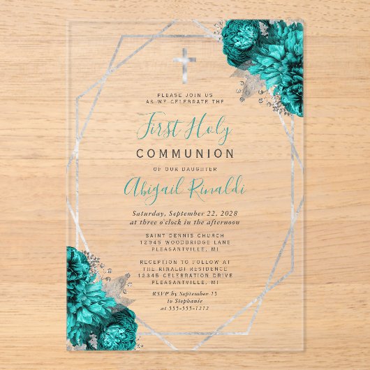 Blauwgroen Blauw Bloemen Zilver Lijst Eerste Heili Acryl Uitnodigingen (Voorkant)