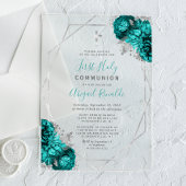 Blauwgroen Blauw Bloemen Zilver Lijst Eerste Heili Acryl Uitnodigingen