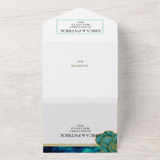 Blauwgroen & Blauw Bloemenagaat Bruiloft All In One Uitnodiging (Buitenkant)