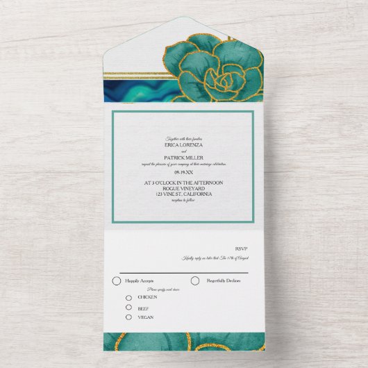 Blauwgroen & Blauw Bloemenagaat Bruiloft All In One Uitnodiging (Binnen)