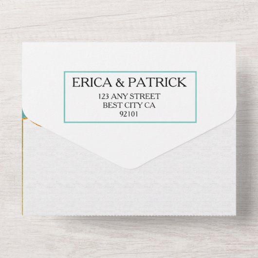 Blauwgroen & Blauw Bloemenagaat Bruiloft All In One Uitnodiging (Achterkant)