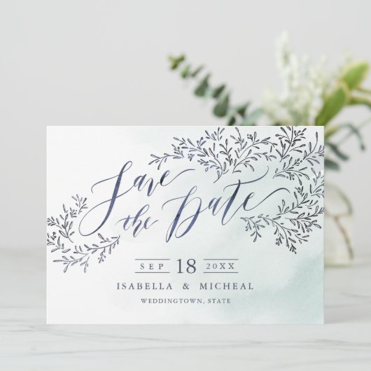 Blauwgroen blauw blustige florale kalligrafie beha save the date (Staand voorkant)