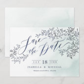 Blauwgroen blauw blustige florale kalligrafie beha save the date (Voorkant / Achterkant)