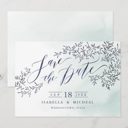 Blauwgroen blauw blustige florale kalligrafie beha save the date (Voorkant / Achterkant)
