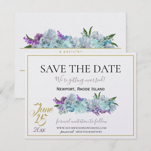 Blauwgroen Blauw Boeket Traditionele Trouwsuite Save The Date (Voorkant / Achterkant)