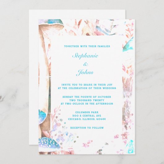 Blauwgroen Blauw Boho Woodland Mushroom Art Bruilo Kaart (Voorkant / Achterkant)