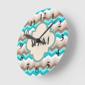Blauwgroen blauw bruin Chevron Modern Monogram Ronde Klok (Hoek)
