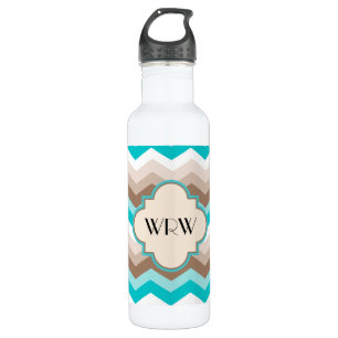Blauwgroen blauw bruin Chevron Modern Monogram Waterfles