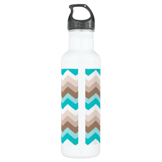 Blauwgroen blauw bruin Chevron Modern Monogram Waterfles (Achterkant)