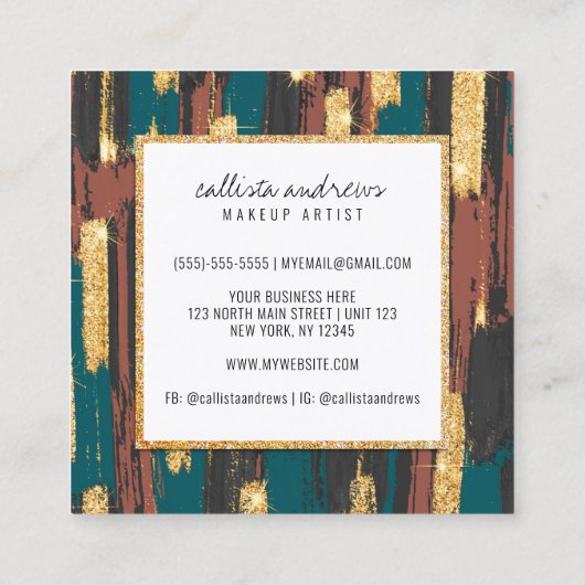 Blauwgroen Blauw Bruin Zwart Goud Glitter Paint Ma Vierkante Visitekaartje (Achterkant)