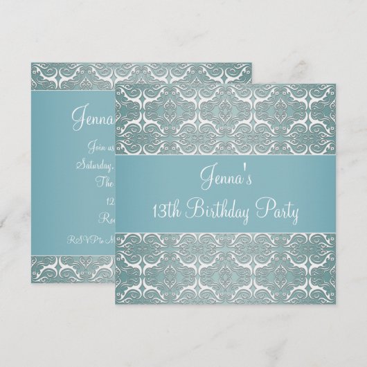  Blauwgroen Blauw Damask 13e Verjaardagsfeest Kaart (Voorkant / Achterkant)
