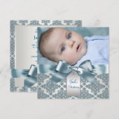 Blauwgroen Blauw Damask Baby Boy Foto Doop Kaart (Voorkant / Achterkant)