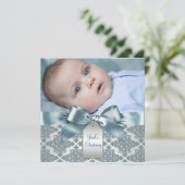 Blauwgroen Blauw Damask Baby Boy Foto Doop Kaart (Staand voorkant)