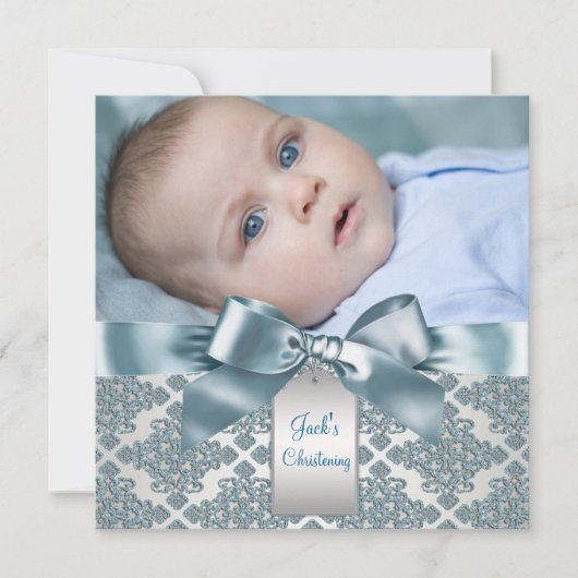 Blauwgroen Blauw Damask Baby Boy Foto Doop Kaart (Voorkant)