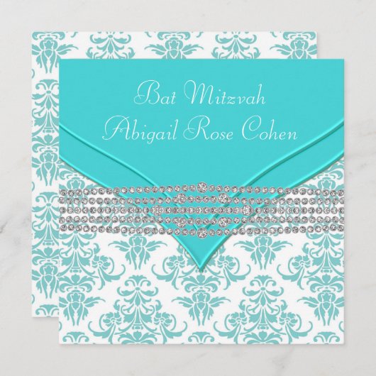 Blauwgroen Blauw Damask Bat Mitzvah Kaart (Voorkant / Achterkant)