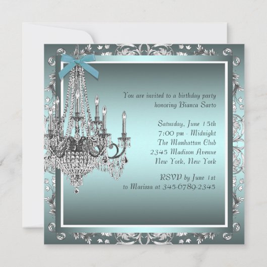 Blauwgroen Blauw Damask Chandelier Verjaardagsfees Kaart (Achterkant)