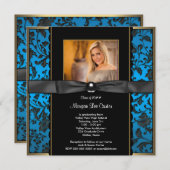 Blauwgroen Blauw Damask Foto Afstuderen Aankondigi Kaart (Voorkant / Achterkant)