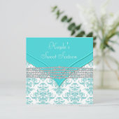 Blauwgroen Blauw Damask Sweet 16 Party Kaart (Staand voorkant)