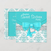 Blauwgroen Blauw Damask Sweet 16 Party Kaart (Voorkant / Achterkant)