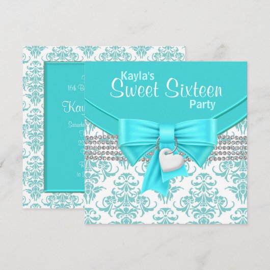 Blauwgroen Blauw Damask Sweet 16 Party Kaart (Voorkant / Achterkant)